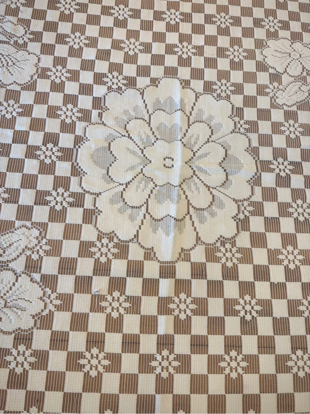 Large Floral Checkerboard Lace Tablecloth 114 x 71 Scalloped Ivory